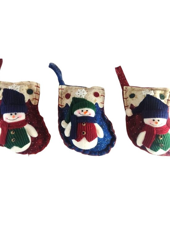 (3) Rustic Snowman Christmas Stocking Ornaments With Dot Accents - Red & Blue - Picture 1 of 8